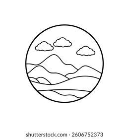 Serene Mountain Landscape Line Art Minimalist Nature Illustration, Peaceful Hills, Cloud Scenery, Simple Design, Circular Artwork