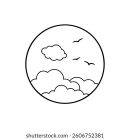 Serene Mountain Landscape Line Art Minimalist Nature Illustration, Peaceful Hills, Cloud Scenery, Simple Design, Circular Artwork