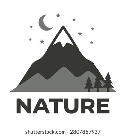 Serene mountain landscape at night with a crescent moon and stars shining above trees