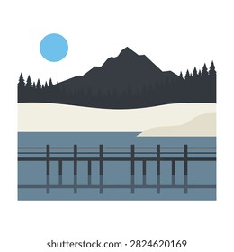 Serene mountain landscape with a pier extending into a body of water under a full moon