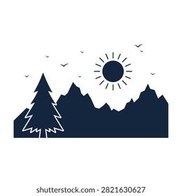 Serene mountain landscape with a pine tree, sun, and birds in a peaceful natural setting