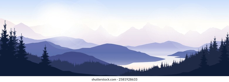 Serene mountain landscape with river at sunrise. Vector illustration