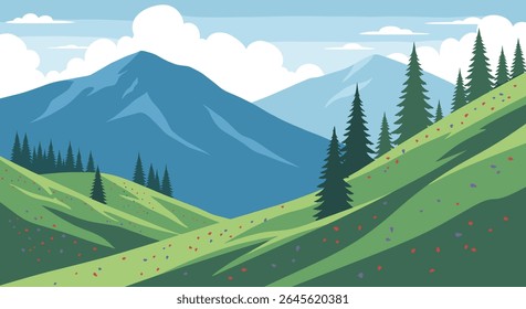 Serene Mountain Landscape with Rolling Green Hills and Pine Trees
