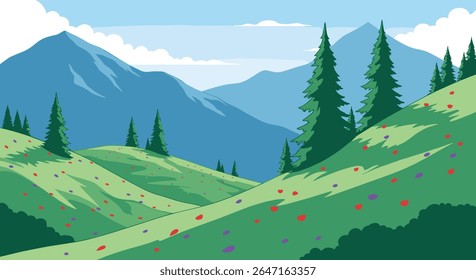 Serene Mountain Landscape com Rolling Green Hills e flores silvestres espalhadas