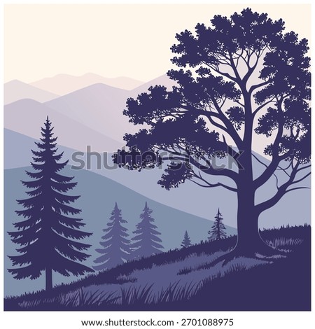 Serene mountain landscape with the silhouette of pine trees and a large deciduous tree