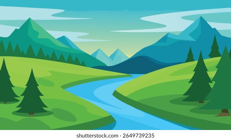 Silhueta serena paisagem de montanha com colinas rolantes sob um céu claro
