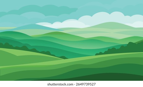 Silhueta serena paisagem de montanha com colinas rolantes sob um céu claro