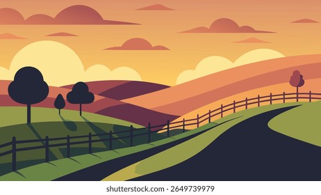 Silhueta serena paisagem de montanha com colinas rolantes sob um céu claro