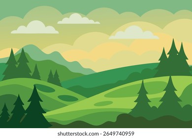 Serene mountain landscape silhouette at sunset with rolling hills