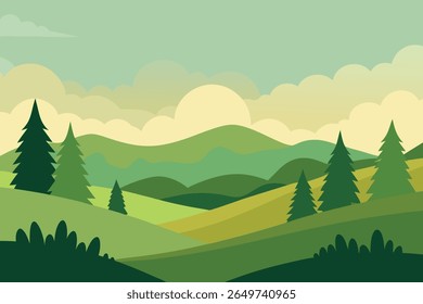 Serene mountain landscape silhouette at sunset with rolling hills