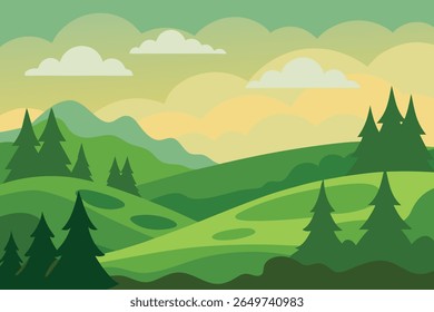Serene mountain landscape silhouette at sunset with rolling hills
