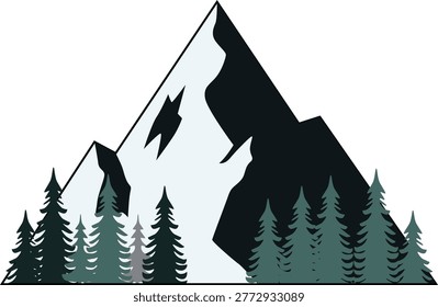 A serene mountain landscape at sunset with trees in the foreground