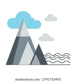 Serene mountain landscape with two peaks under a blue cloudy sky and wavy lines, evoking a sense of natural beauty and tranquility