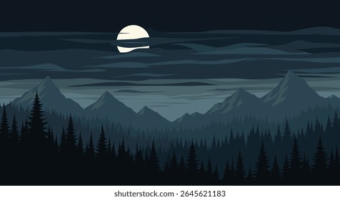 Serene Mountain Paisagem Sob uma Lua Cheia à Noite