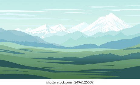 Ilustración vectorial serena del paisaje montañoso. Montañas cubiertas de nieve, colinas y hermosos campos abiertos verdes. Paisaje tranquilo y ambiente refrescante. Cielo despejado con nubes.
