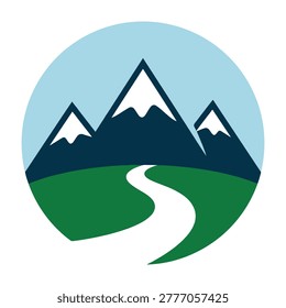 Serene mountain landscape with a winding road leading to snow-capped peaks under a clear blue sky