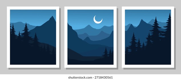 Paisajes serenos de montaña con pinos en tonos azules al atardecer	