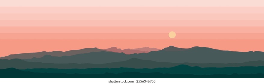 A serene mountain range at sunset with a warm, pink sky.