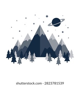 serene mountain range with trees under starry night sky and planet