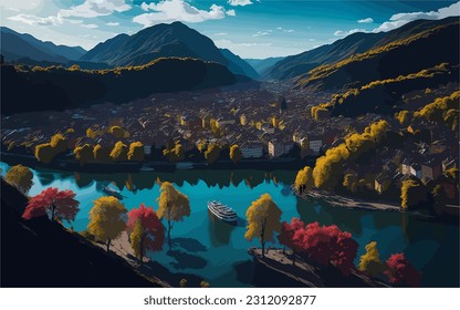 Serene mountain river meandering amidst lush greenery, depicted in a breathtaking vector artwork.