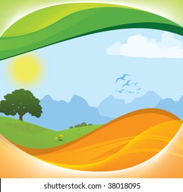 A serene mountain scene with an abstract wavy foreground for text or body copy