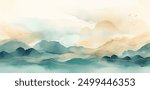 The serene mountain scene in watercolors captures the beauty of nature with clouds, sky, water, and horizon, creating a peaceful atmosphere and harmonious ecoregion landscape vector illustration. 