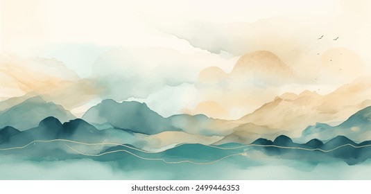 The serene mountain scene in watercolors captures the beauty of nature with clouds, sky, water, and horizon, creating a peaceful atmosphere and harmonious ecoregion landscape vector illustration. 