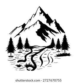 A serene mountain view with winding rivers and pine trees. Wildlife sketch style silhouette