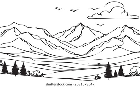 Serene Mountain Vista: A Minimalist Black and White Landscape Illustration