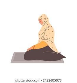 Serene muslim woman in hijab praying in silent prayer on mat. Cartoon vector illustration captures tranquility and spirituality of personal faith practice. Isolated on white background.