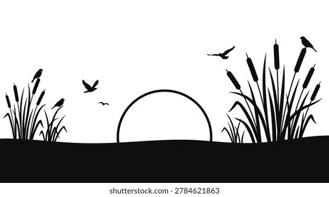a serene natural landscape featuring a sunset or moonrise silhouette with birds flying over cattails