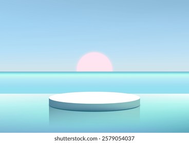 Serene nature inspired scene with a minimalist floating podium above light blue water. A pastel pink light reflects softly under a clear blue sky, ideal for product displays and mockups