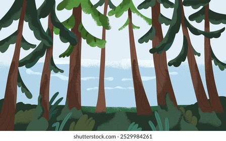 Paisaje sereno de la naturaleza con árboles de coníferas por la costa del mar. Paisaje de bosque tranquilo y tranquilo con troncos de pino, agua. Bosques de hoja perenne, fondo de bosque de coníferas. Ilustración vectorial plana