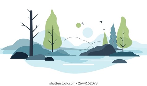 Ilustração da cena da natureza serena com árvores verdes, colinas azuis e superfície de água tranquila