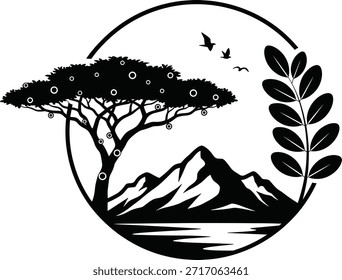 Una escena serena de la naturaleza dentro de un marco circular, con un árbol solitario, majestuosas montañas y un cuerpo de agua bajo los pájaros voladores.