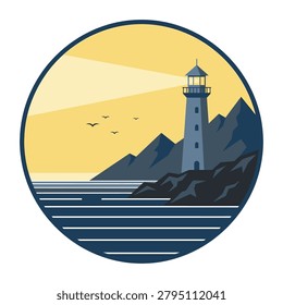 Serene nautical scene featuring a lighthouse on a rocky coast at dusk, perfect for travel or coastal branding.
