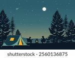 Serene Night Camping Scene with Starry Sky, Peaceful Outdoor Adventure Under the Stars Illustration, Silhouette Tent With Full Moon And Star