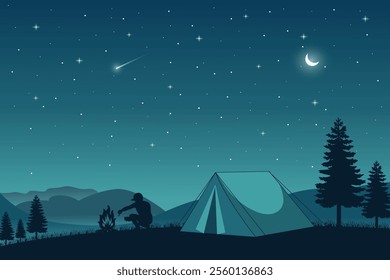 Serene Night Camping Scene with Starry Sky, Peaceful Outdoor Adventure Under the Stars Illustration, Silhouette Tent With Crescent Moon And Star