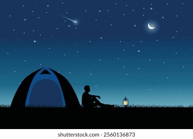 Serene Night Camping Scene with Starry Sky, Peaceful Outdoor Adventure Under the Stars Illustration, Silhouette Tent With Crescent Moon And Star