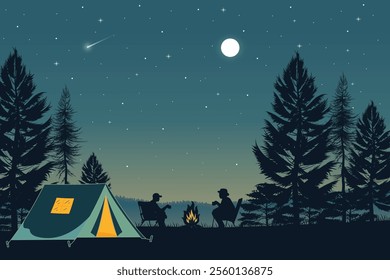 Serene Night Camping Scene with Starry Sky, Peaceful Outdoor Adventure Under the Stars Illustration, Silhouette Tent With Crescent Moon And Star