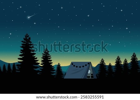 Serene Night Camping Scene with Starry Sky, Peaceful Outdoor Adventure Under the Stars Illustration, Silhouette Tent With Black Tree And Star