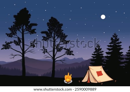 Serene Night Camping Scene with Starry Sky, Peaceful Outdoor Adventure Under the Stars Illustration, Silhouette Tent With Full Moon And Star