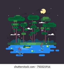 Serene Night Forest Scene With Full Moon Reflection