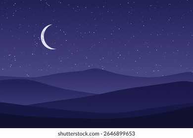 Serene paisagem noturna: lua crescente sobre montanhas silhuetted, céu estrelado, ilustração vetor minimalist, cena noturna pacífica.