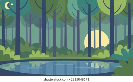 Serene night landscape of a dense forest with a calm pond reflecting tall pine trees under a crescent moon.