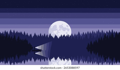 Serene Night Landscape Com uma Lua Cheia Sobre uma Floresta de Pinheiros Refletida em um lago tranquilo com um barco solitário