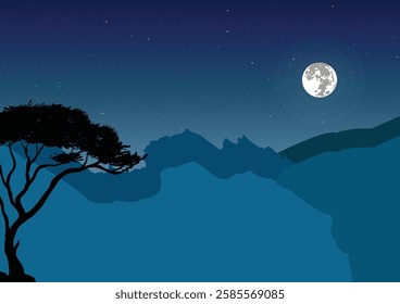 Serene Night Landscape: Full Moon and Starry Sky with Silhouetted Tree and Mountain Ranges