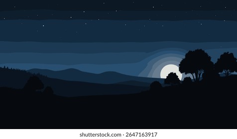 Uma paisagem noturna serena com uma lua brilhante sobre colinas