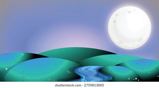 Serene Night Landscape with Large Full Moon over Rolling Teal Hills and a Winding Blue River. Enchanting nighttime nature scene with flowers and starlit sky.