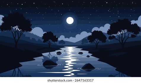 Paisagem Noturna Serena com Rio Refletor Sob o Luar